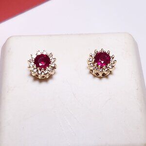 Estate 1.0ctw Natural AA+ round Ruby & Diamond Halo 14Kt YG Stud Earrings #23045